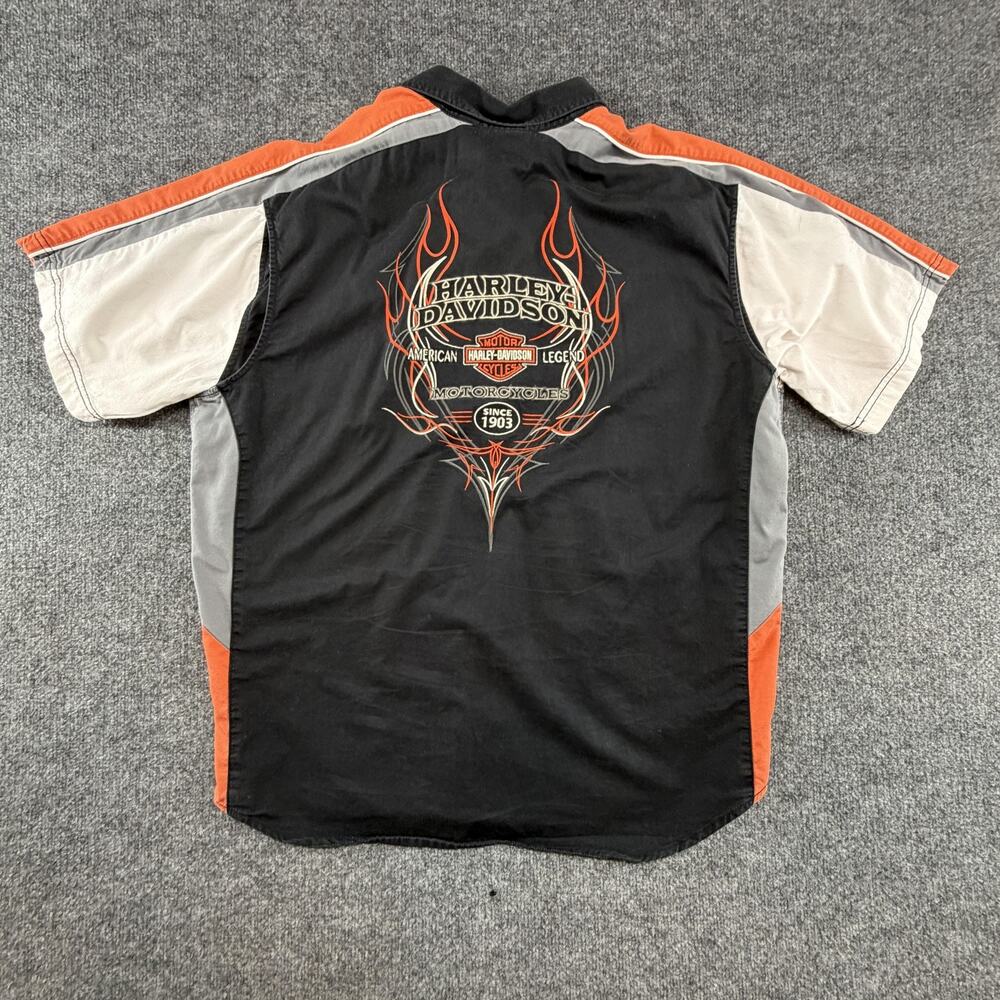Harley Davidson Shirt Mens XL Black Orange Flame Graphic Button Up Twill Biker